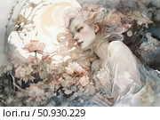 A fantasy-style watercolor illustration of a beautiful woman with flowing blonde hair, sleeping or pensively lying among flowers under the soft glow of a full moon. The composition is filled with romance, a dreamlike atmosphere and delicate pastel shades. The work conveys a sense of peace, beauty and mysterious femininity. Suitable for book design, magazines, postcards, interior posters and art projects. Стоковое AI-изображение, AI-художник Анна Кривицкая / Фотобанк Лори