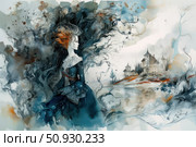 Watercolor fantasy illustration of a mysterious woman in a dark blue dress against the backdrop of a mysterious castle by the lake. Her hair flutters in a whirlwind, merging with abstract branches and shadows, as if symbolizing inner strength or a magical storm. The illustration is filled with drama, mystery and the aesthetics of gothic romance. Suitable for book design, board games, posters, album covers and metaphorical cards. Стоковое AI-изображение, AI-художник Анна Кривицкая / Фотобанк Лори
