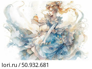 Watercolor fantasy illustration depicting a graceful princess in an airy blue dress, holding a magical fruit or artifact in her hand. Her pose is full of grace, and the light fabrics of the dress and the surrounding flow of energy create a sense of movement and magic. The picture is permeated with light, a dreamy atmosphere and fabulous beauty, perfect for decorating books, postcards, decor and art projects in the fantasy or romantic style. Стоковое AI-изображение, AI-художник Анна Кривицкая / Фотобанк Лори