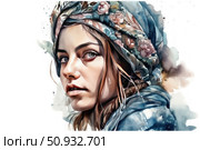 A watercolor portrait of a young woman wearing a traditional headscarf with a floral pattern. Her expressive gaze, fair skin and light strands of hair are emphasized by a soft palette of blue, turquoise and pink shades. The work is done in an artistic watercolor style, inspired by folk and ethnic motifs. This image combines natural beauty, depth of gaze and cultural identity. Ideal for use in publishing houses, on postcards, book covers, decorative panels and ethnic collections. Стоковое AI-изображение, AI-художник Анна Кривицкая / Фотобанк Лори