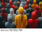 A conceptual image of a woman in bright yellow clothing, standing with her back to the viewer among a crowd of people in hoods. The colors of the other figures range from gray and black to red and dark blue, which emphasizes the individuality and distinctiveness of the main character. The work conveys the theme of uniqueness, opposition to the crowd, personal choice and the freedom to be yourself. Great for illustrating ideas of independence, courage, self-identification, society, manifesto and resistance to stereotypes. Стоковое AI-изображение, AI-художник Анна Кривицкая / Фотобанк Лори