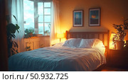 A cozy bedroom in a Scandinavian or minimalist style, filled with soft evening light. In the foreground is a neatly made bed with a white bedspread, on the sides are nightstands with lamps that give a warm golden glow. The sunset and mountain landscape are visible from the window. The atmosphere is calm, cozy and peaceful. Ideal for illustrating themes: home comfort, interior design, hygge, cozy space. Стоковое AI-изображение, AI-художник Анна Кривицкая / Фотобанк Лори