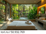 Luxurious spa interior overlooking a tropical garden. The spacious room is decorated in natural tones and materials: wood, stone, greenery. The central place is occupied by a spa lounger covered with white towels. Panoramic windows open up a picturesque view of the jungle and a natural waterfall with a pool. The decor embodies harmony with nature, peace and relaxation. Ideal for interior design, advertising of hotels, spa resorts and eco-tourism. Стоковое AI-изображение, AI-художник Анна Кривицкая / Фотобанк Лори