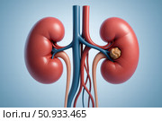Detailed Illustration of Human Kidneys Showcasing Anatomy, Vascular System, and an Example of Kidney Stone Formation within the Renal Structure. Стоковое AI-изображение, AI-художник Башкирова Анна / Фотобанк Лори