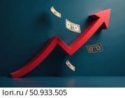 График роста курса доллара с купюрами на темном фоне. A graph of the dollar exchange rate with bills on a dark background. Стоковое AI-изображение, AI-художник Смирнова Светлана / Фотобанк Лори