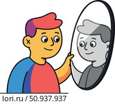 Метафора потери красок в мире и эмоционального упадка. Энергичный человек смотрит в зеркало и видит монохромное отражение, которое символизирует депрессию и потерю яркости восприятия. Стоковое AI-изображение, AI-художник Ирина Першина / Фотобанк Лори