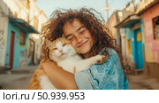 A Warm Embrace: Young Girl Cuddling her Ginger Cat in a Colorful Street. Стоковое AI-изображение, AI-художник Данила Большаков / Фотобанк Лори