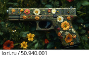 Floral Armament: A handgun adorned with colorful flowers, nestled in a field of green foliage, an oxymoron of nature and machinery. Стоковое AI-изображение, AI-художник Данила Большаков / Фотобанк Лори