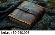 Concept: Rustic Journal, Purpose: Personal Reflection, A leather-bound journal with a wrap closure resting on a textured woolen cloth. Стоковое AI-изображение, AI-художник Данила Большаков / Фотобанк Лори