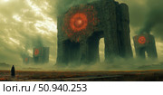 Epic fantasy scene: Ancient monoliths with fiery portals, cloaked figure. Стоковое AI-изображение, AI-художник Данила Большаков / Фотобанк Лори