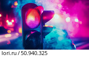Urban scene of a Traffic stoplight with illuminated red light at night in glowing pink and blue cityscape. Стоковое AI-изображение, AI-художник Данила Большаков / Фотобанк Лори