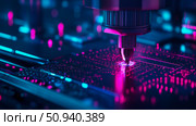 Precision Automation: An automated machine precisely places component on a circuit board with neon lighting, illustrating technological precision. Стоковое AI-изображение, AI-художник Данила Большаков / Фотобанк Лори