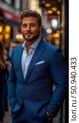 Portrait of a man in a blue suit standing on a street. Стоковое AI-изображение, AI-художник Данила Большаков / Фотобанк Лори