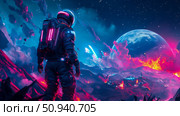 Cosmic Exploration: An explorer stands on an alien planet observing a distant world, with nebula and cosmic phenomena. Стоковое AI-изображение, AI-художник Данила Большаков / Фотобанк Лори