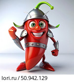 Animated Chili Pepper in Armor Stands Proudly. Generative AI. Стоковое AI-изображение, AI-художник Roman Zavorotny / Фотобанк Лори
