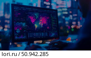 Cybersecurity Data Analysis: Real-time global network activity visualization on a computer screen, displaying data points, graphs, and world map with coded information. Стоковое AI-изображение, AI-художник Данила Большаков / Фотобанк Лори