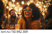 Celebration scene: A group of friends enjoying an evening out, laughing and drinking, with warm lighting creating a joyful atmosphere. Стоковое AI-изображение, AI-художник Данила Большаков / Фотобанк Лори