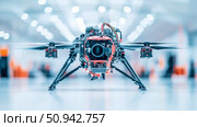 Hi-tech drone with visible internals resting on a clean surface in a sterile environment, showcasing technology and precision. Стоковое AI-изображение, AI-художник Данила Большаков / Фотобанк Лори