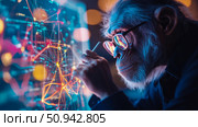 Concept: Advanced Ape Analytics - Ape using stylus on digital interface screen displaying complex network. Стоковое AI-изображение, AI-художник Данила Большаков / Фотобанк Лори