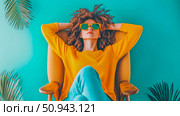 Relaxation concept: Woman chilling in chair with palm leaves. Стоковое AI-изображение, AI-художник Данила Большаков / Фотобанк Лори