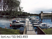 Savonlinna, Finland, 15 June 2019, Boats moored in port on lake Saimaa. Редакционное фото, фотограф Spirit River / Фотобанк Лори