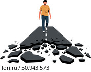 Человек перед обрывом дороги: метафора потери смысла жизни, разрушения пути и будущего, экзистенциального кризиса, безысходности и поиска нового направления. Стоковое AI-изображение, AI-художник Ирина Першина / Фотобанк Лори