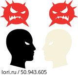 Метафора ядовитого общения и острых конфликтов между коллегами. Две головы в профиль с колкими словами символизируют агрессивное общение и взаимные обвинения. Стоковое AI-изображение, AI-художник Ирина Першина / Фотобанк Лори