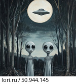 A surrealist or pop culture style illustration of two aliens with big eyes standing in a forest at night under a full moon. A classic flying saucer hovers above them, illuminated by the moonlight. The painting is done in a dark palette with contrasting lighting, creating a mystical, mysterious and slightly disturbing atmosphere. Suitable for UFO, science fiction, conspiracy theories, horror and ufology themes. Стоковое AI-изображение, AI-художник Анна Кривицкая / Фотобанк Лори