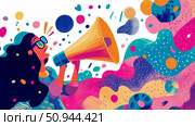 Illustration of a woman shouting into a megaphone for social advocacy. Стоковое AI-изображение, AI-художник Данила Большаков / Фотобанк Лори