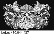 Monochromatic engraving of a Viking warrior's head with a horned helmet and beard, surrounded by decorative patterns. Стоковое AI-изображение, AI-художник Данила Большаков / Фотобанк Лори