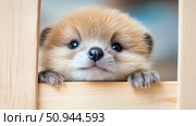 Cute fox pup peering over wooden frame, animal portrait, showcasing endearing expression. Стоковое AI-изображение, AI-художник Данила Большаков / Фотобанк Лори