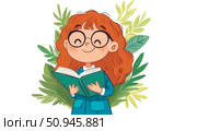 Concept: Scholastic curiosity, illustration of a smiling red-haired student reading a book amidst foliage. Стоковое AI-изображение, AI-художник Данила Большаков / Фотобанк Лори