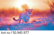 Concept: Wildlife, A cheetah cub sprints into the sunset, creating a dynamic scene of youthful energy in a vibrant surreal color. Стоковое AI-изображение, AI-художник Данила Большаков / Фотобанк Лори