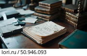 Antique study with aged manuscripts and classic literature showcasing historical research and scholarly pursuit in a vintage ambiance. Стоковое AI-изображение, AI-художник Данила Большаков / Фотобанк Лори