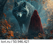 A fantasy forest scene with a strong cinematic contrast. A huge wolf with flaming eyes stands opposite a figure in a scarlet hood, personifying Little Red Riding Hood. The atmosphere is mystical, fairy-tale-like, with elements of dark fantasy. Bright autumn leaves and fog add depth and tension. Perfect for themes related to fairy tales, mysticism, fantasy art, fears and archetypes. Стоковое AI-изображение, AI-художник Анна Кривицкая / Фотобанк Лори