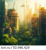 A futuristic cityscape that combines nature and modern architecture. Skyscrapers, partly covered with greenery, rise above the dense crowns of trees. Construction cranes are visible in the frame, symbolizing the process of eco-urban development. Soft sunlight creates an atmosphere of hope and a sustainable future. This illustration embodies the concept of a green city, a harmonious coexistence of nature and technology. Стоковое AI-изображение, AI-художник Анна Кривицкая / Фотобанк Лори
