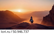 Sunset Trail Ride: A lone rider and horse ascend a sandy dune towards the distant desert mountains at sunset. Стоковое AI-изображение, AI-художник Данила Большаков / Фотобанк Лори
