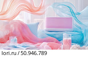 Modern Still Life Concept: Pink Humidifier with flowing pastel fabrics, pillow, drink, and book. Стоковое AI-изображение, AI-художник Данила Большаков / Фотобанк Лори