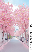 Spring concept: Blooming cherry tree lining a peaceful city street creating a tunnel of pink blossoms, with parked vehicle and falling petal. Стоковое AI-изображение, AI-художник Данила Большаков / Фотобанк Лори