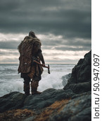 Rugged Viking warrior in fur and leather stands by crashing sea waves. Moody Nordic scene evokes strength, history, tradition, and ancient Norse legend. Стоковое AI-изображение, AI-художник Александра Троицкая / Фотобанк Лори