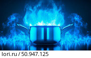 Surreal Cooking: Metallic Pot with Intense Blue Emanation, Concept for Culinary Excellence. Стоковое AI-изображение, AI-художник Данила Большаков / Фотобанк Лори