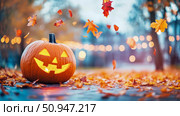 Concept: Festive autumn scene with carved pumpkin and falling leaves; Holiday: Halloween decoration for a seasonal event. Стоковое AI-изображение, AI-художник Данила Большаков / Фотобанк Лори