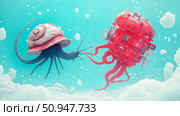 A surreal dreamscape showing a snail-like creature interacting with a red, mechanical jellyfish-like entity floating in a cloudy sky. Стоковое AI-изображение, AI-художник Данила Большаков / Фотобанк Лори