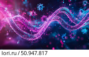 Abstract illustration of microscopic particles, viruses, and cell structures floating and spreading within a glowing, futuristic, network with artistic flair, for science themes. Стоковое AI-изображение, AI-художник Данила Большаков / Фотобанк Лори
