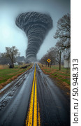 Concept: Impending disaster, a destructive tornado looming over a rural road, symbolizing nature's fury. Стоковое AI-изображение, AI-художник Данила Большаков / Фотобанк Лори