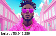 Concept: Urban cool. A man in pink sunglasses and jacket stands in front of pink buildings with a blue sky. Стоковое AI-изображение, AI-художник Данила Большаков / Фотобанк Лори