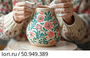 Artisan's creation: Hands shaping a flower patterned vase on a potter's wheel, showcasing craftmanship and artistic expression. Стоковое AI-изображение, AI-художник Данила Большаков / Фотобанк Лори