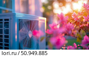 Air conditioner condenser unit with pink flowers, golden hour effect. Стоковое AI-изображение, AI-художник Данила Большаков / Фотобанк Лори