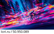 An abstract digital rendition of a cyclist speeding through a vibrant, neon-lit cityscape, showcasing extreme motion and futuristic energy for print or screen. Стоковое AI-изображение, AI-художник Данила Большаков / Фотобанк Лори