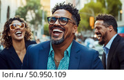 A heartwarming candid scene of a diverse group of happy professionals sharing genuine laughter outdoors, conveying teamwork, success, and positive connection for advertising. Стоковое AI-изображение, AI-художник Данила Большаков / Фотобанк Лори